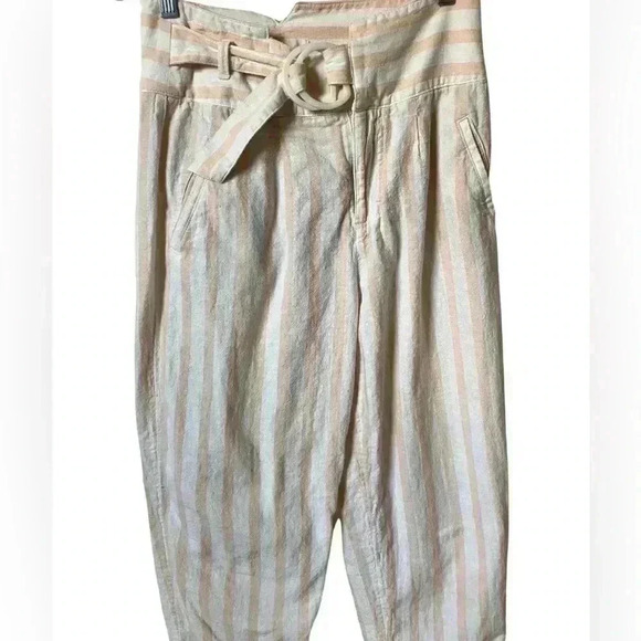 Anthropologie Oasis Striped Linen Tapered Leg Pants White and Pink - Picture 5 of 10